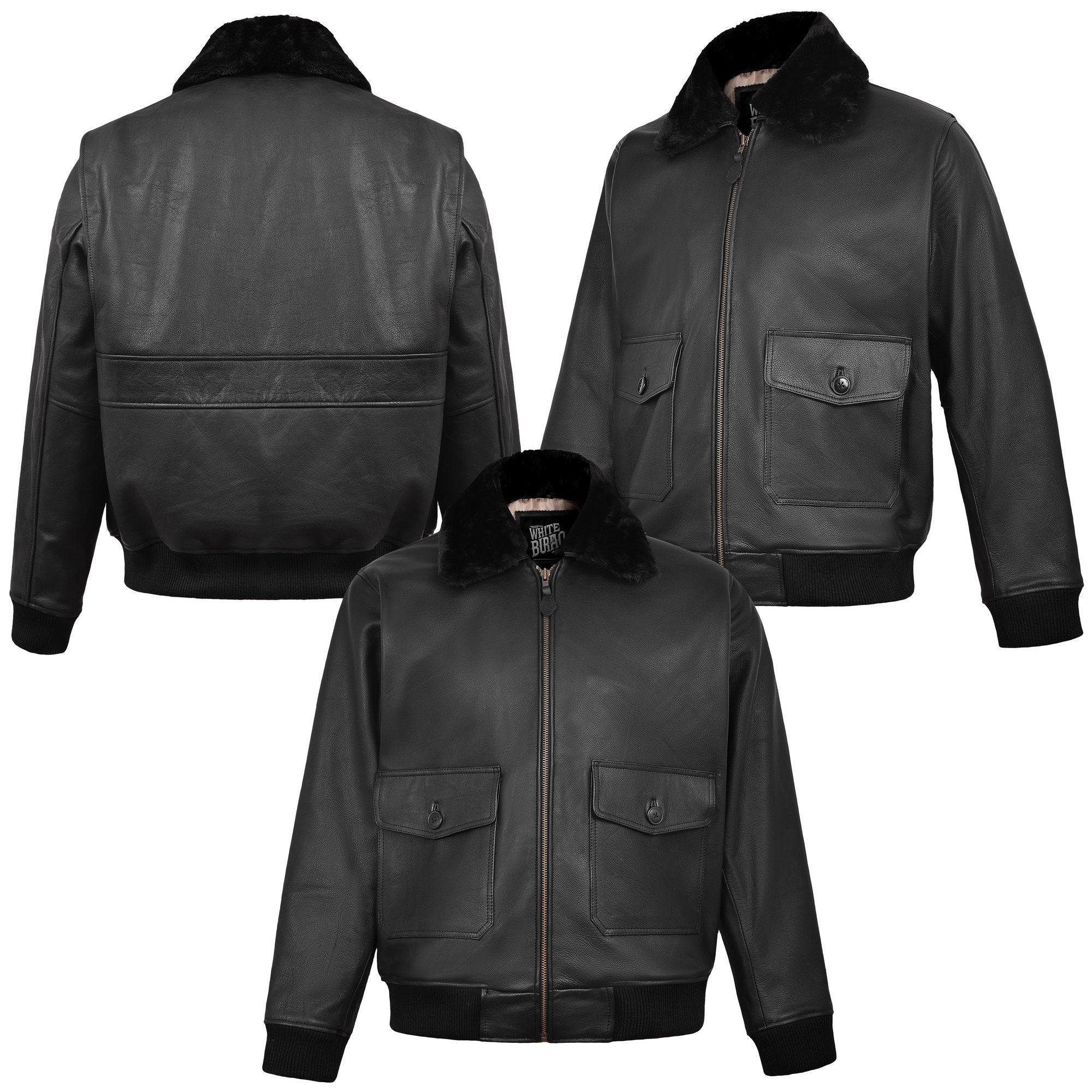 Men's Black Leather G-1 Flight Jacket with Faux Fur Collar – front, back and side views