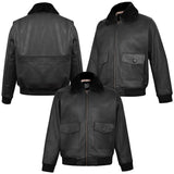 Men's Black Leather G-1 Flight Jacket with Faux Fur Collar – front, back and side views
