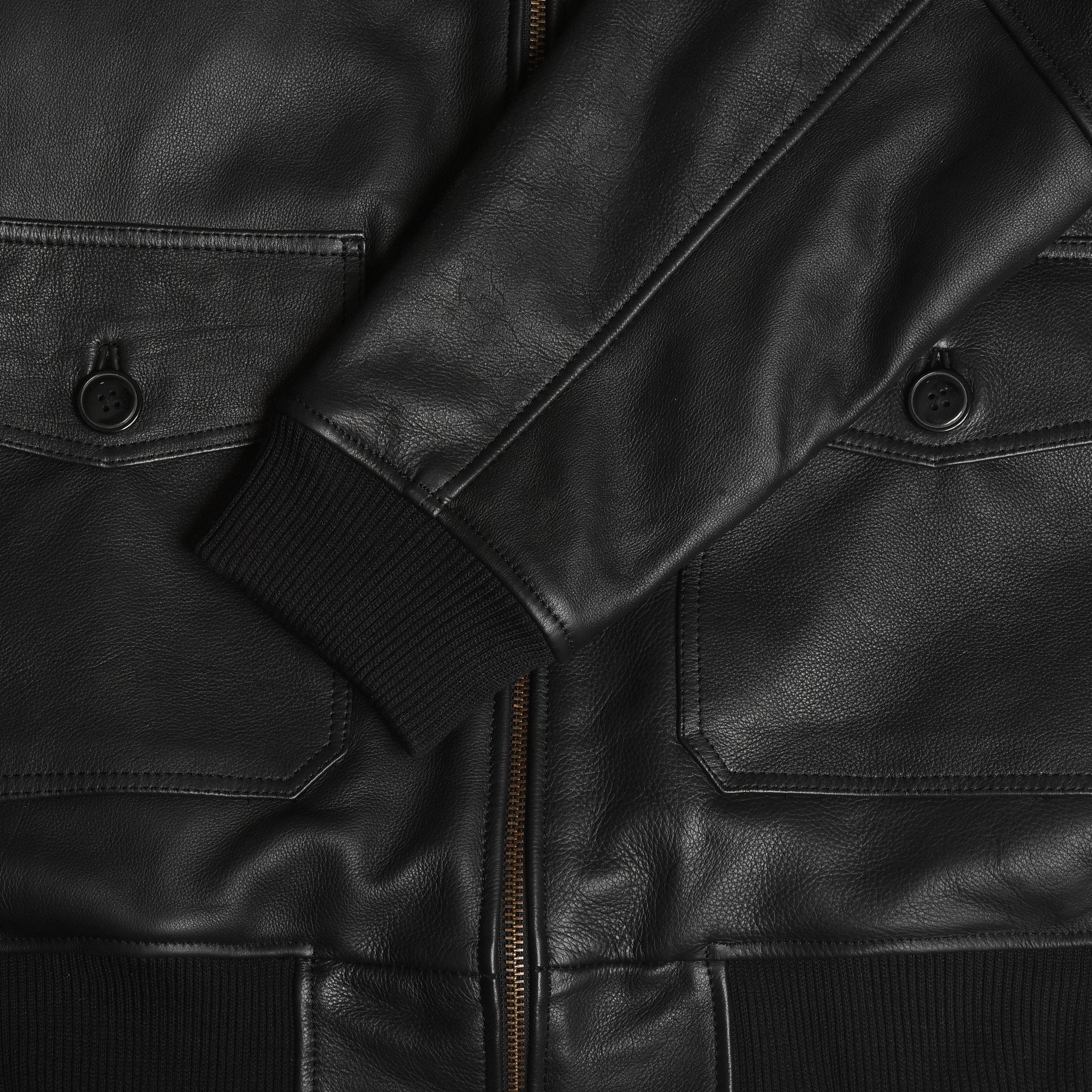 Men's Black Leather G-1 Flight Jacket with Faux Fur Collar – button-flap pocket and ribbed cuff detail
