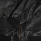 Men's Black Leather G-1 Flight Jacket with Faux Fur Collar – button-flap pocket and ribbed cuff detail