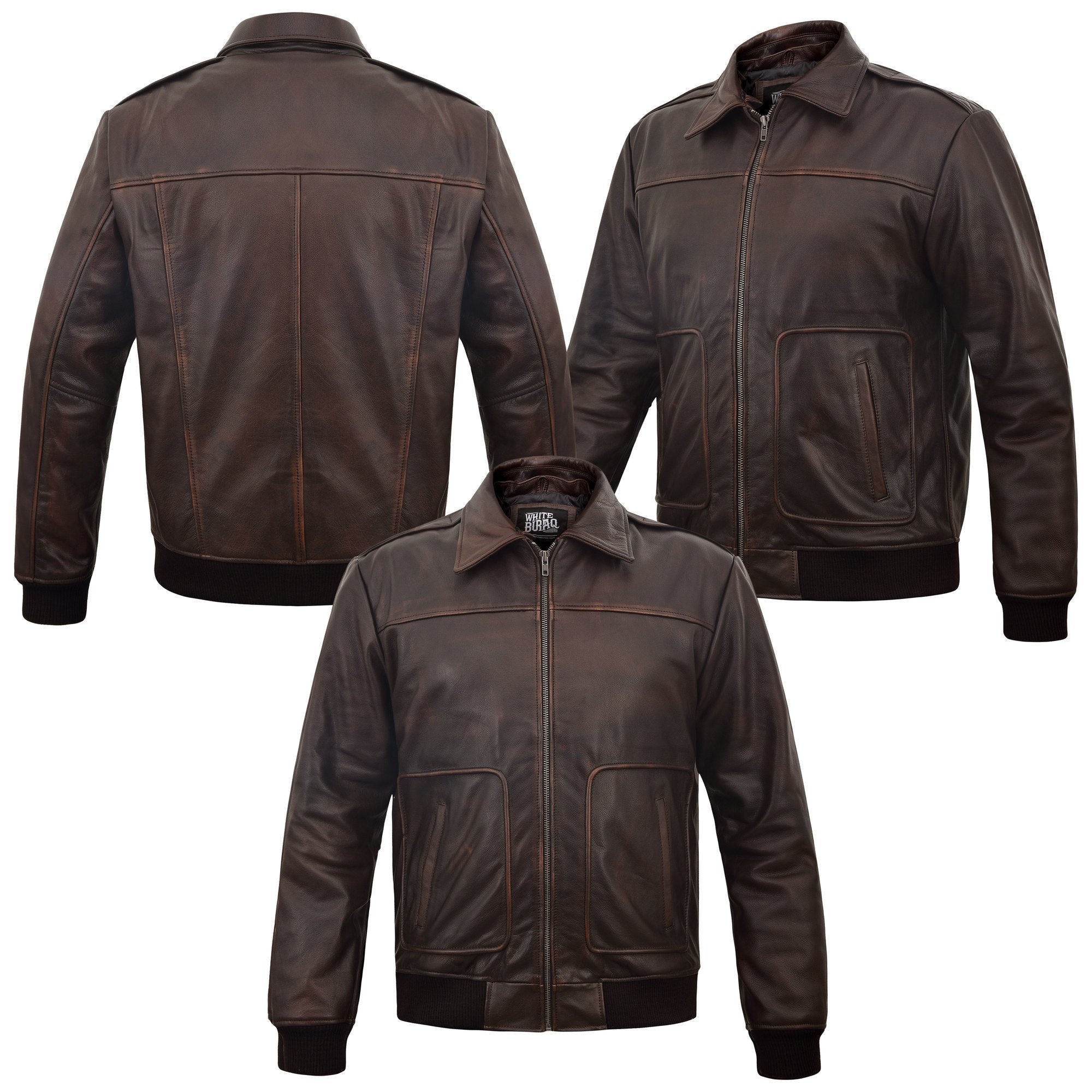 Men's Distressed Brown A-2 Leather Bomber with Removable Collar – front, back and side views