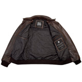 Men's Distressed Brown A-2 Leather Bomber with Removable Collar – open front showing quilted lining