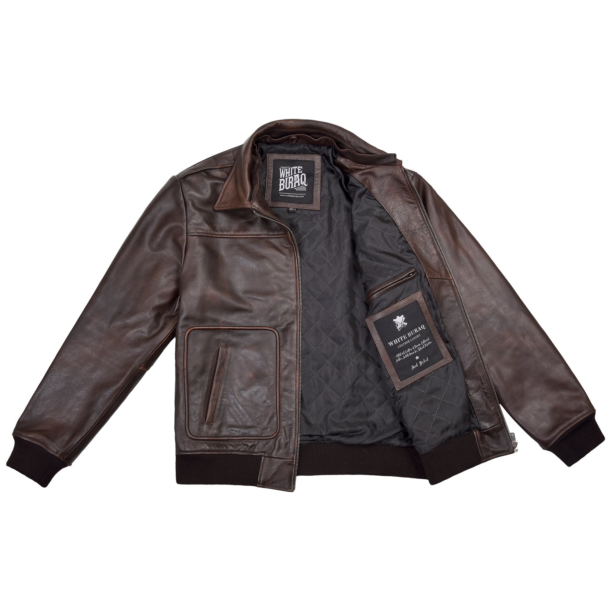 Men's Distressed Brown A-2 Leather Bomber with Removable Collar – open side view
