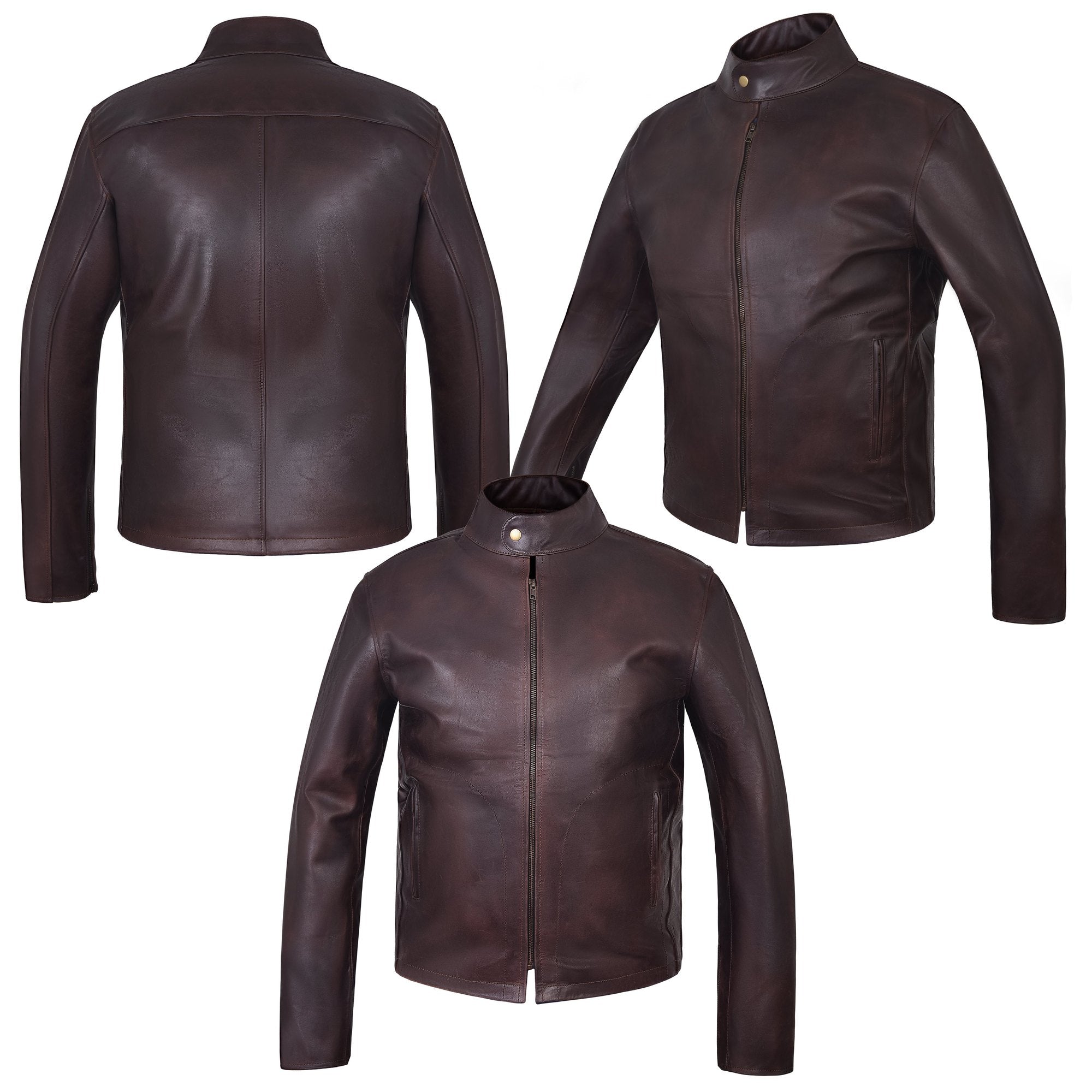 Men's Two-Tone Brown Cowhide Cafe Racer Jacket – front, back and side views