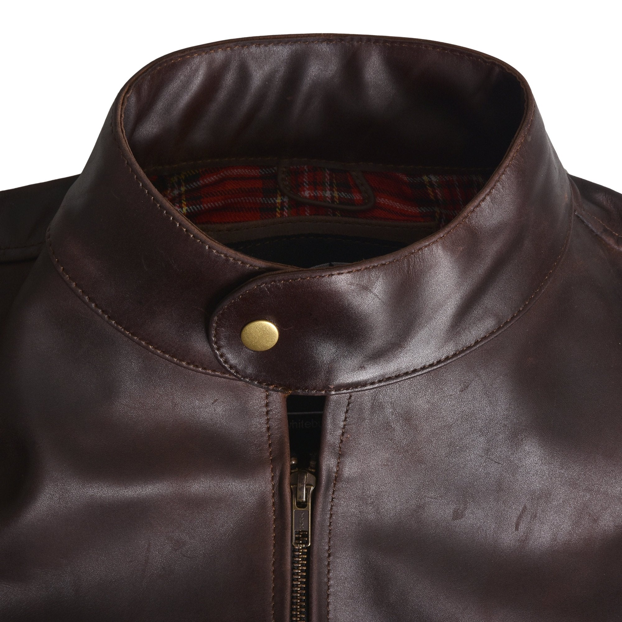 Men's Two-Tone Brown Cowhide Cafe Racer Jacket – band collar with snap tab