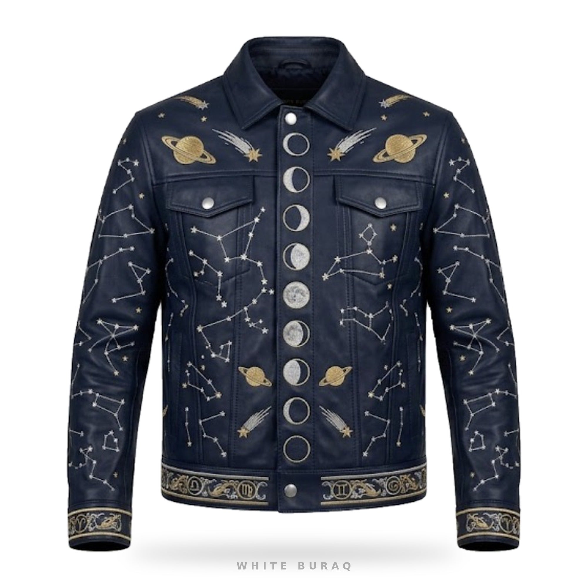 Custom Celestial Embroidered Leather Trucker Jacket – front