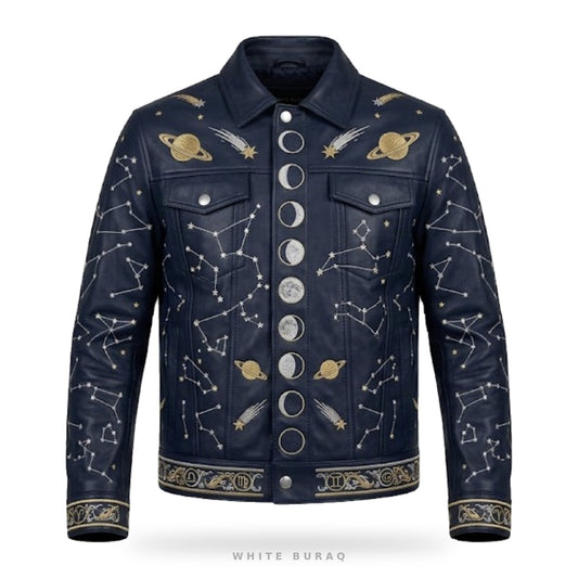 Custom Celestial Embroidered Leather Trucker Jacket – front