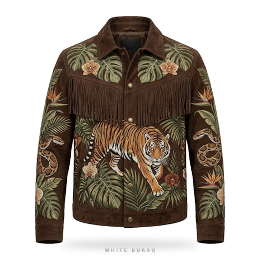 Custom Jungle Tiger Embroidered Suede Fringe Jacket – front