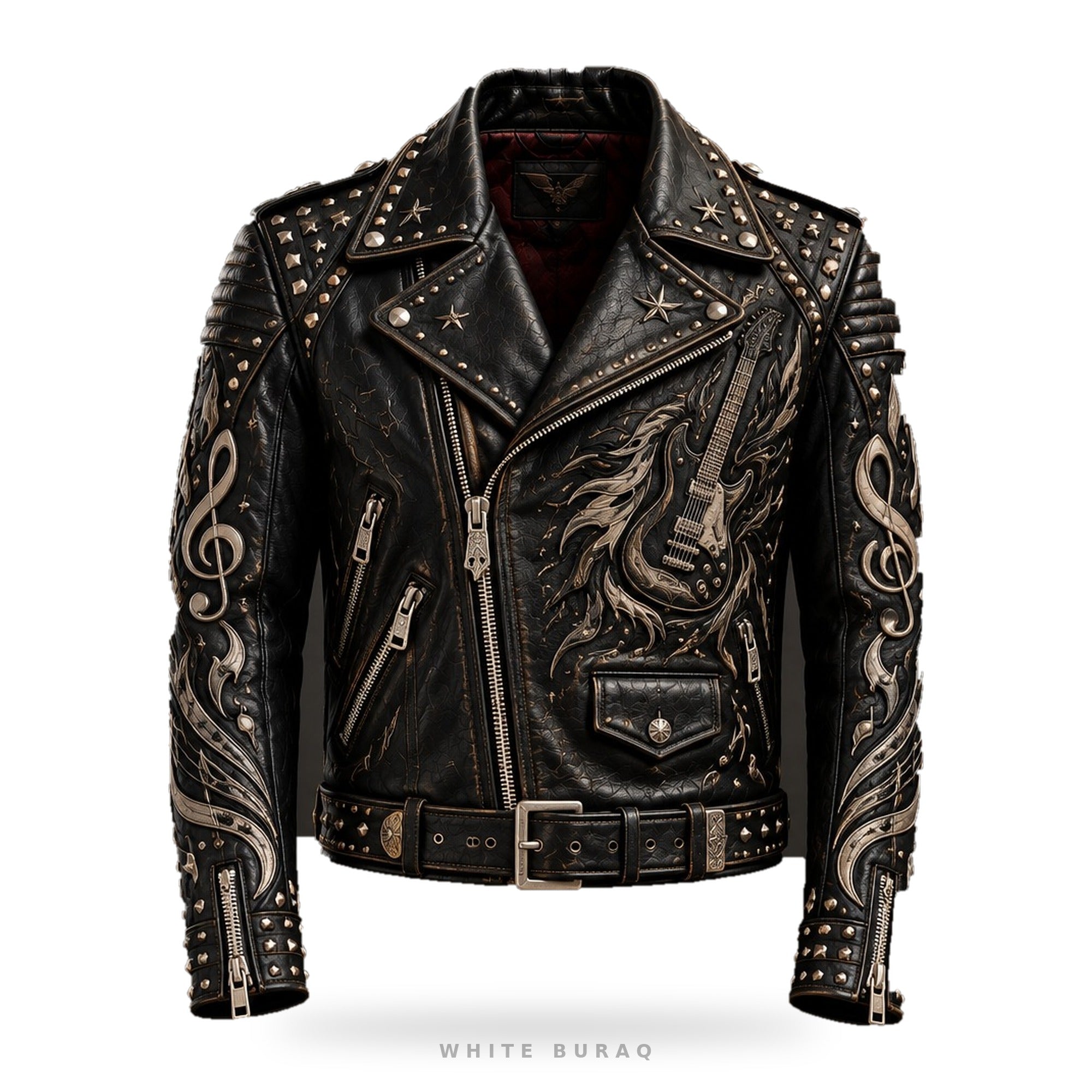 Custom Rock Guitar Studded Leather Biker Jacket – front