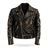 Custom Rock Guitar Studded Leather Biker Jacket – front