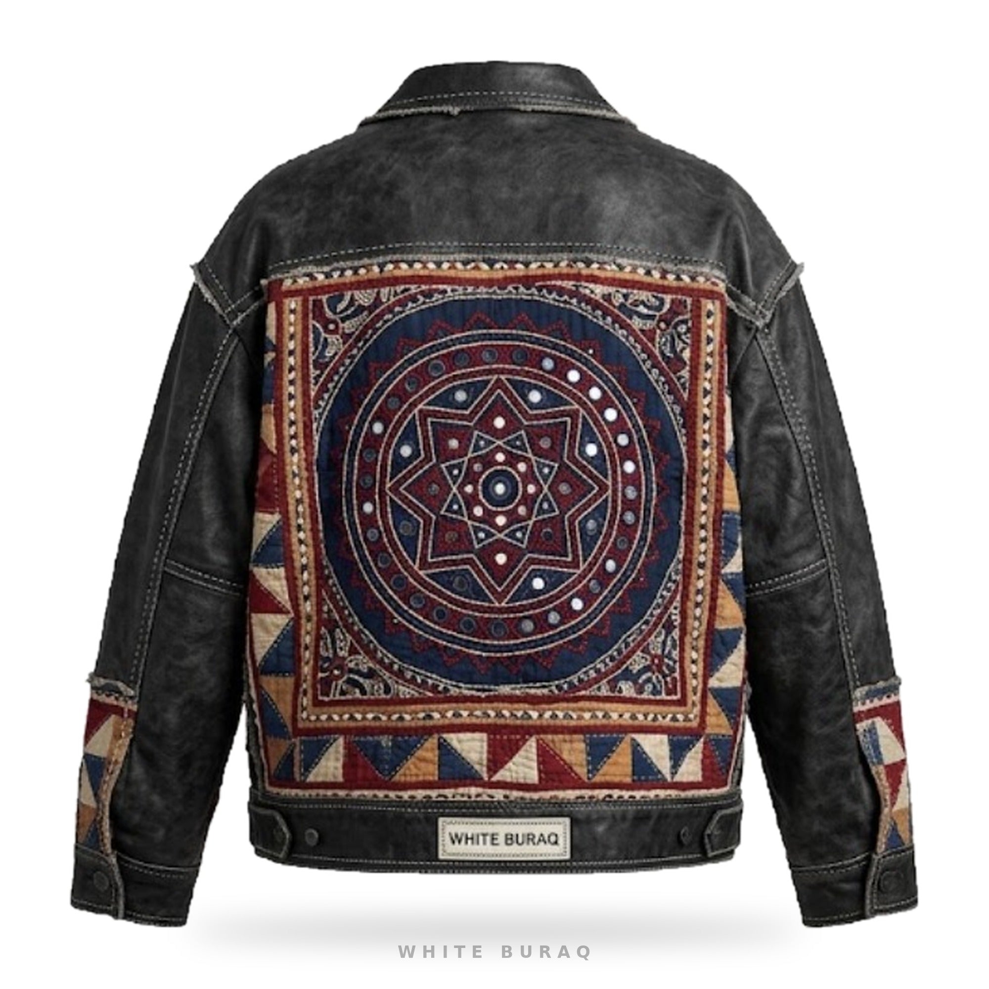 Custom Sindhi Ajrak Patchwork Leather Trucker Jacket – back