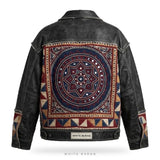 Custom Sindhi Ajrak Patchwork Leather Trucker Jacket – back