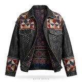 Custom Sindhi Ajrak Patchwork Leather Trucker Jacket – front