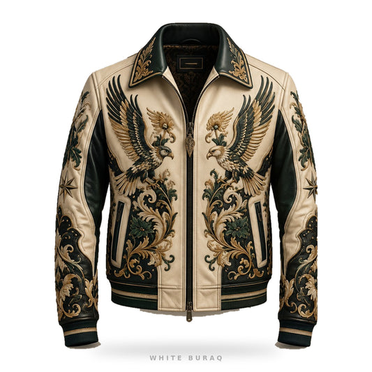 Custom Baroque Stag Embroidered Leather Bomber – front