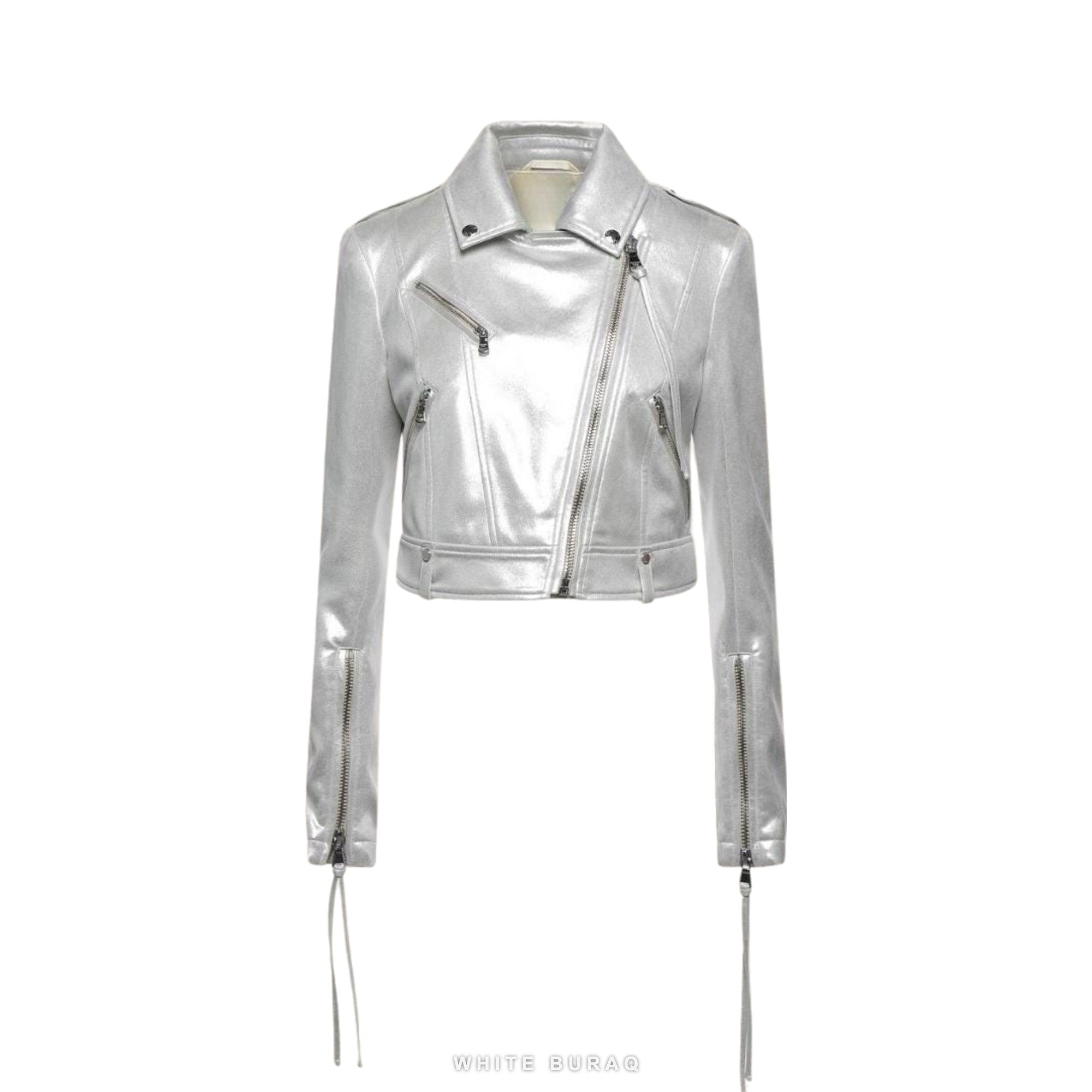 Women's Metallic Silver Lambskin Racer Jacket