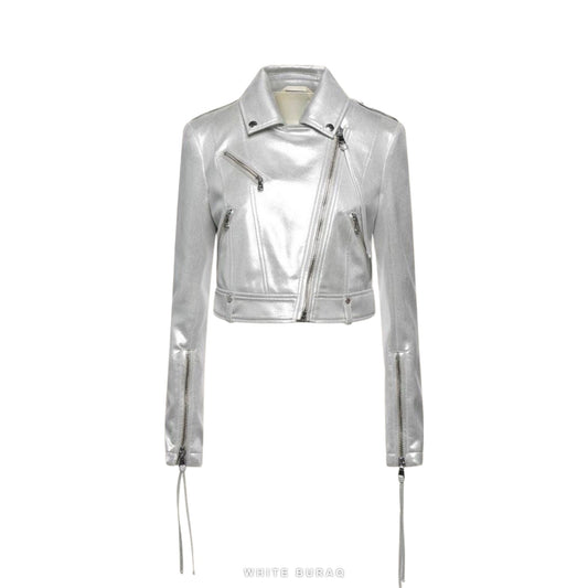 Women's Metallic Silver Lambskin Racer Jacket