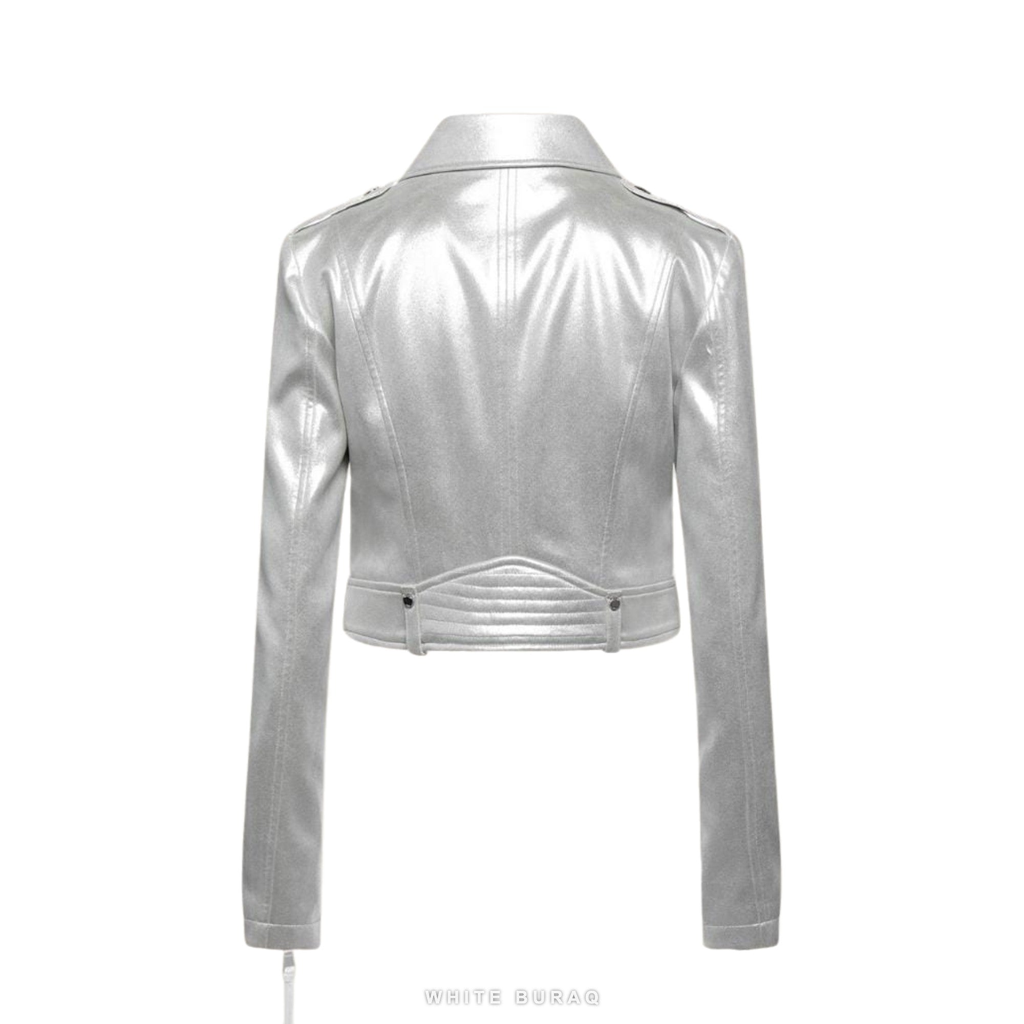 Women's Metallic Silver Lambskin Racer Jacket – view 2