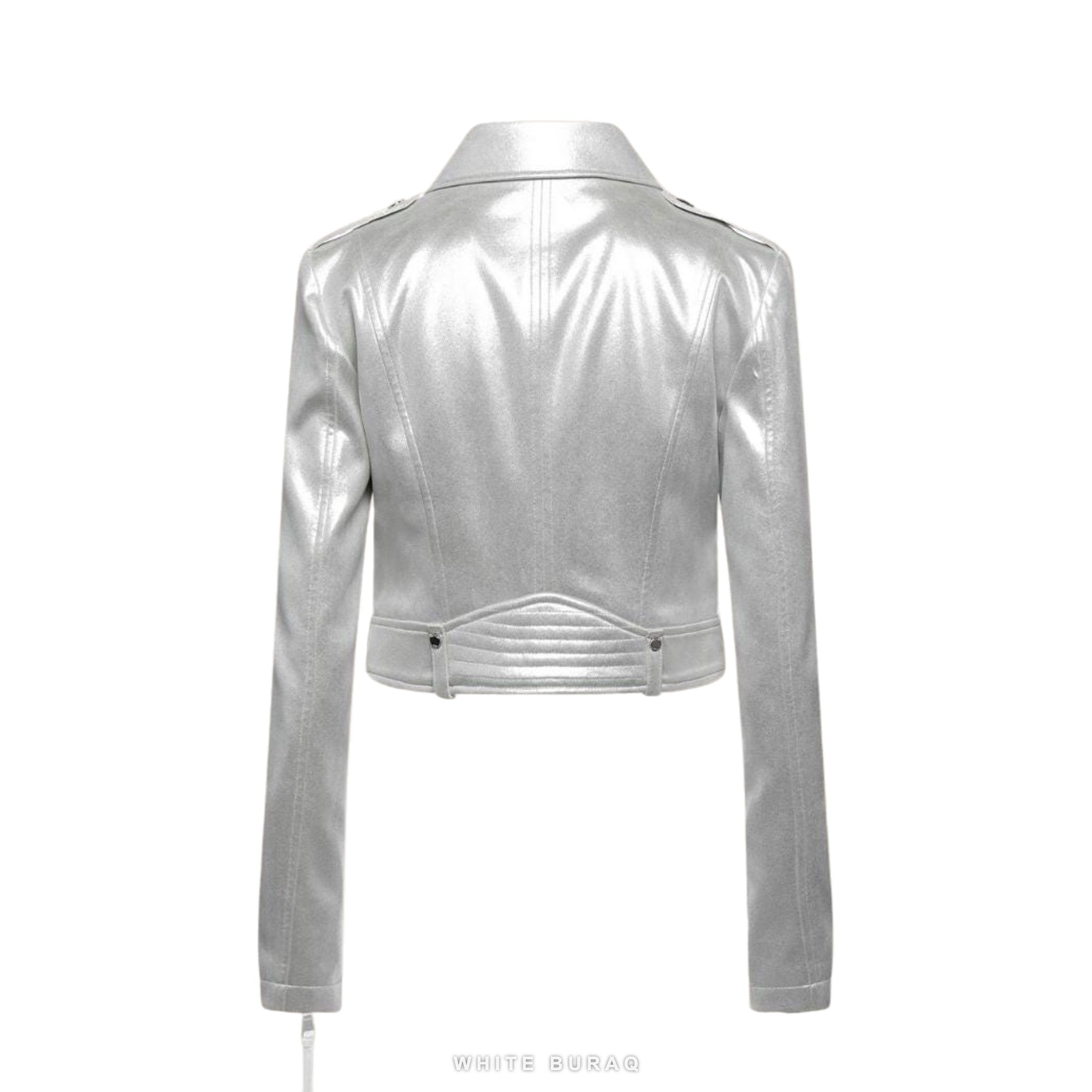 Women's Metallic Silver Lambskin Racer Jacket – view 4