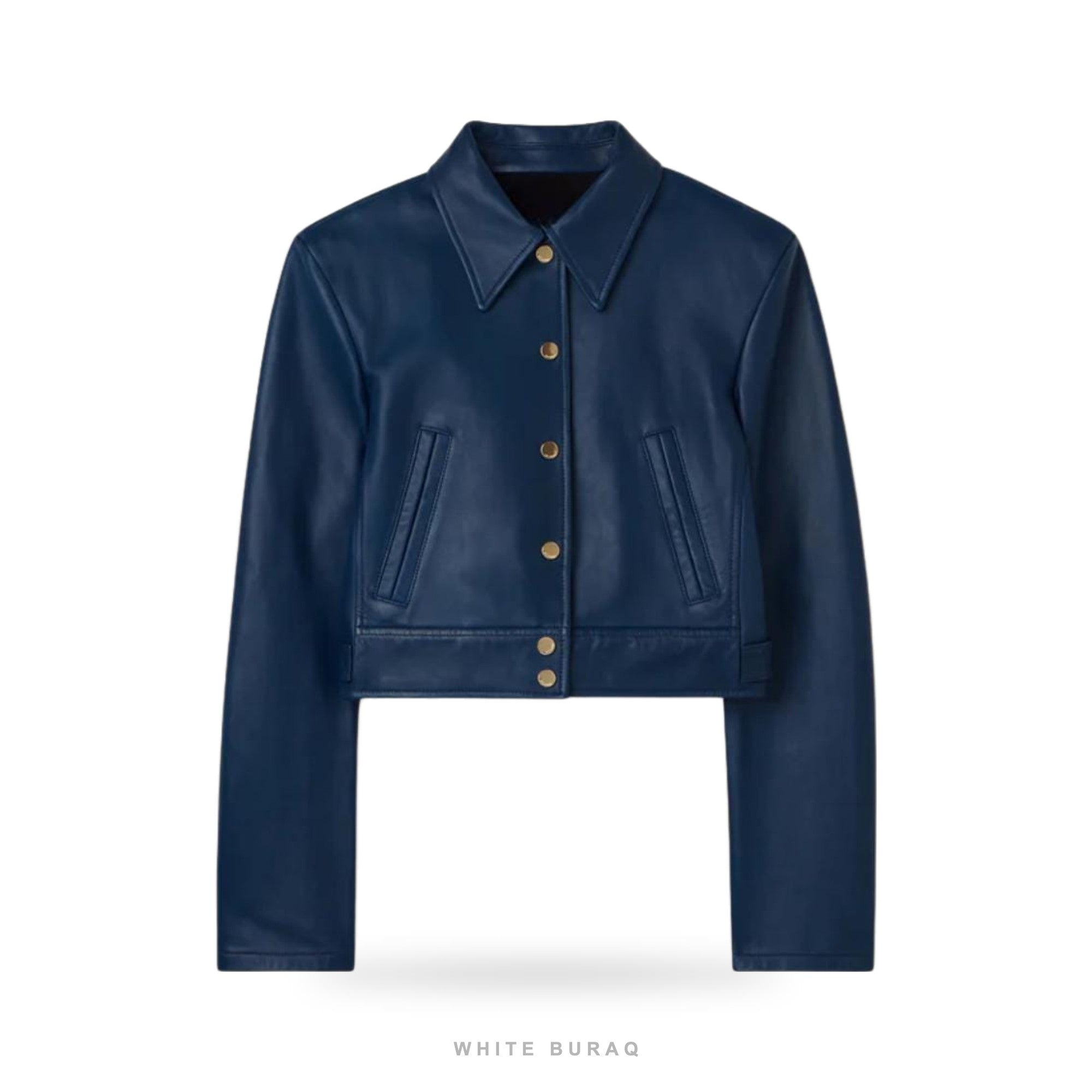 Women's Navy Nappa Leather Cropped Bomber Jacket