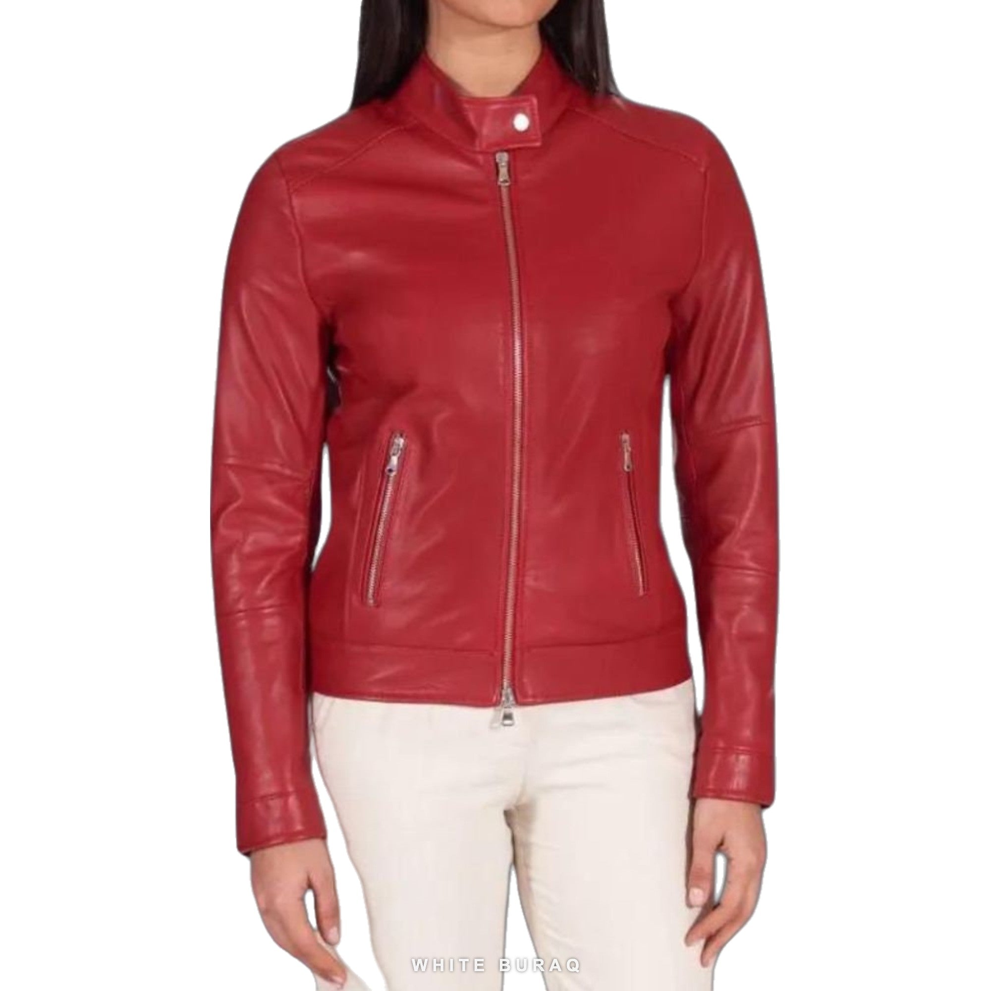 Women's Red Lambskin Leather Motorcycle Jacket