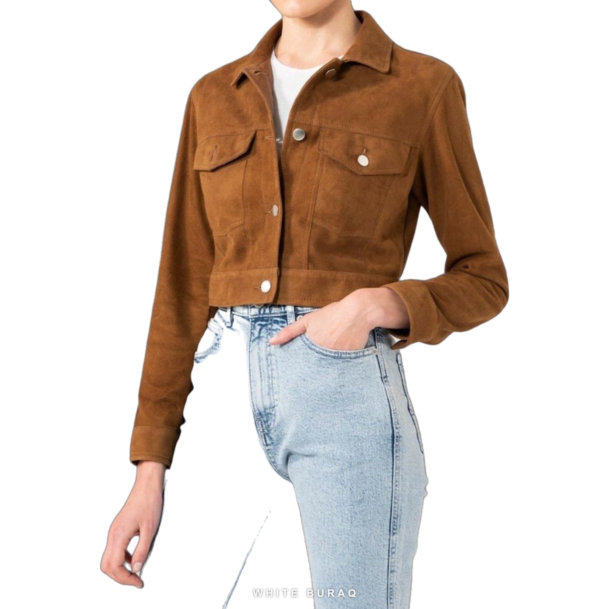 Women's Cropped Brown Suede Trucker Jacket