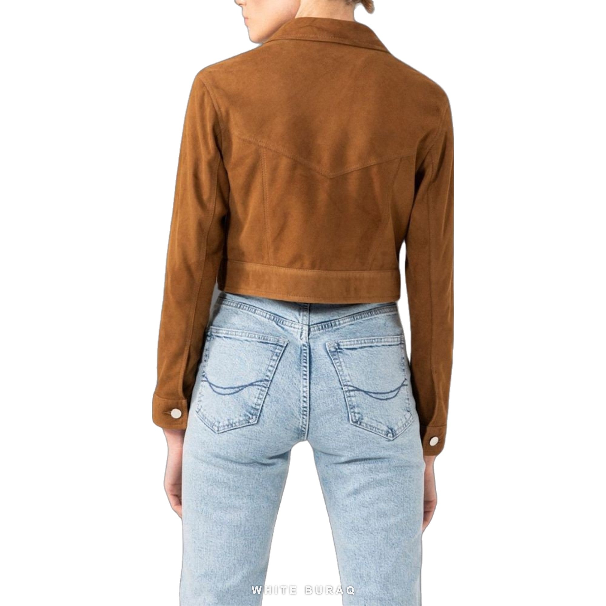 Women's Cropped Brown Suede Trucker Jacket – view 2