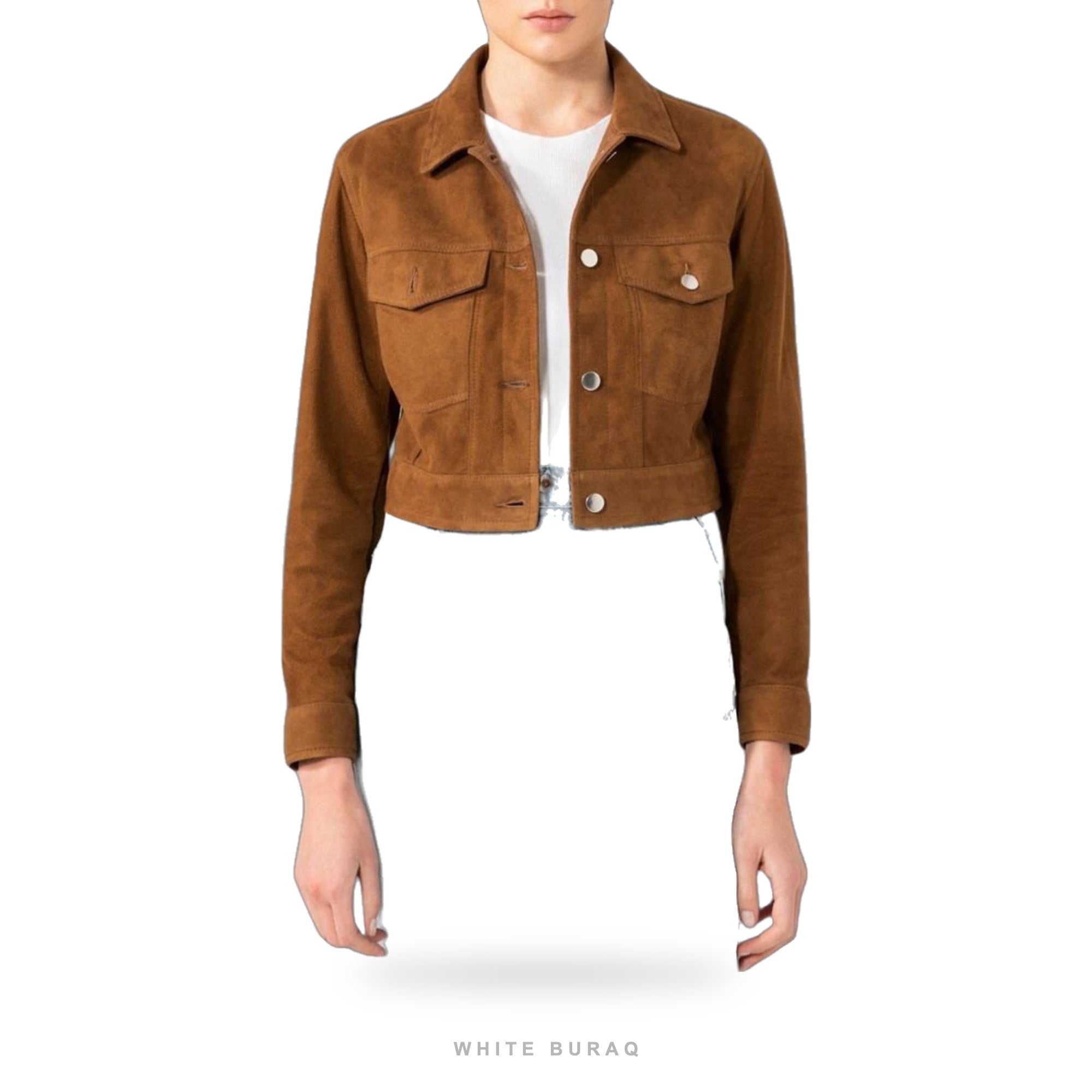 Women's Cropped Brown Suede Trucker Jacket – view 4