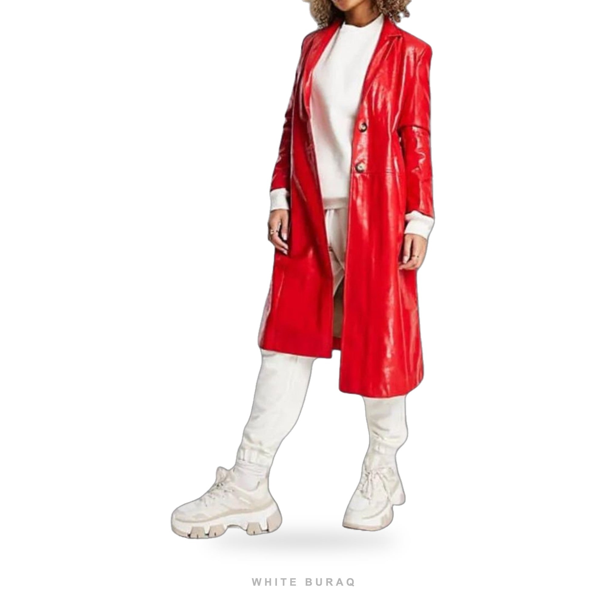 Women's Red Vegan Leather Trench Coat – view 2