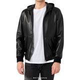 Men's Black Lambskin Leather Hooded Jacket