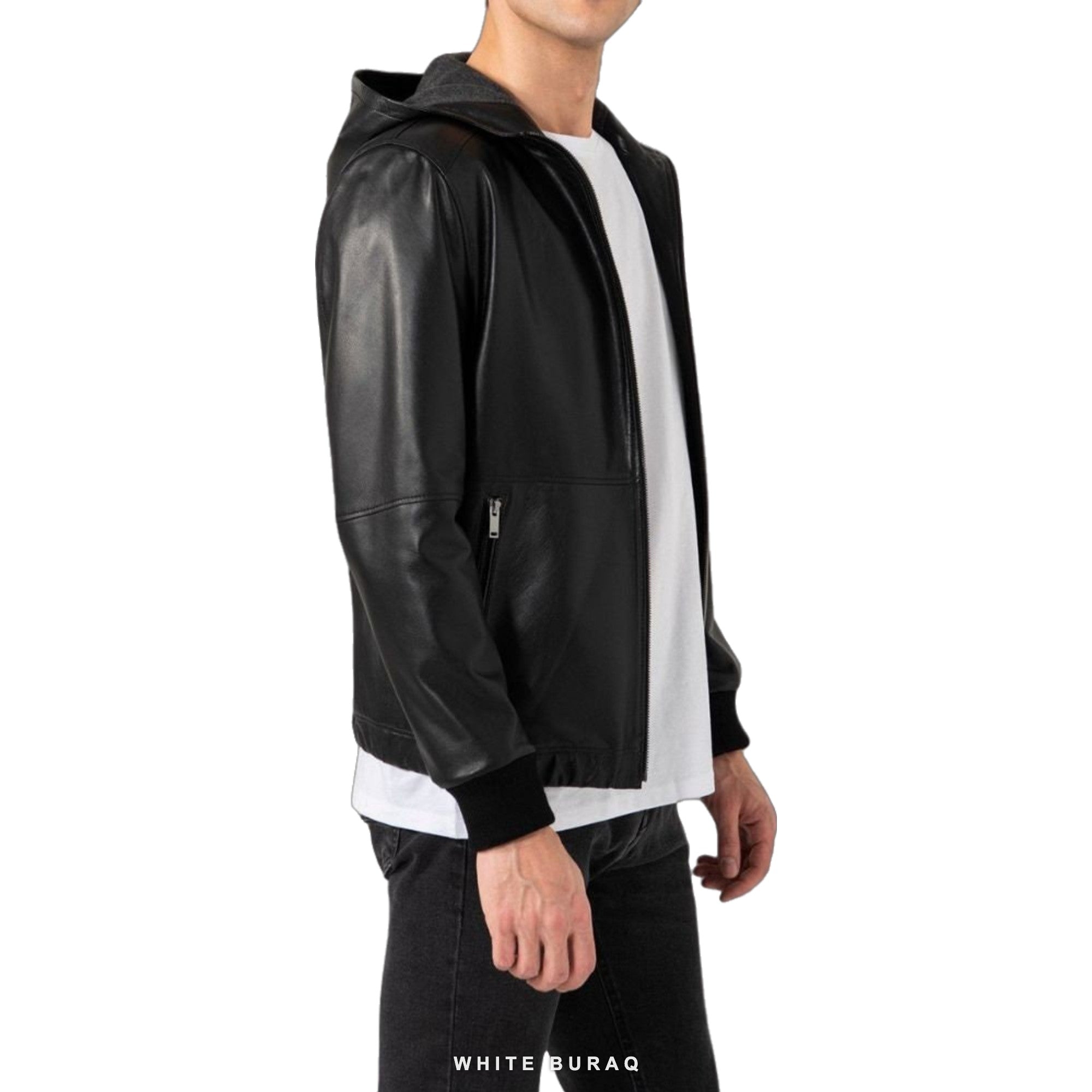 Men's Black Lambskin Leather Hooded Jacket – view 3