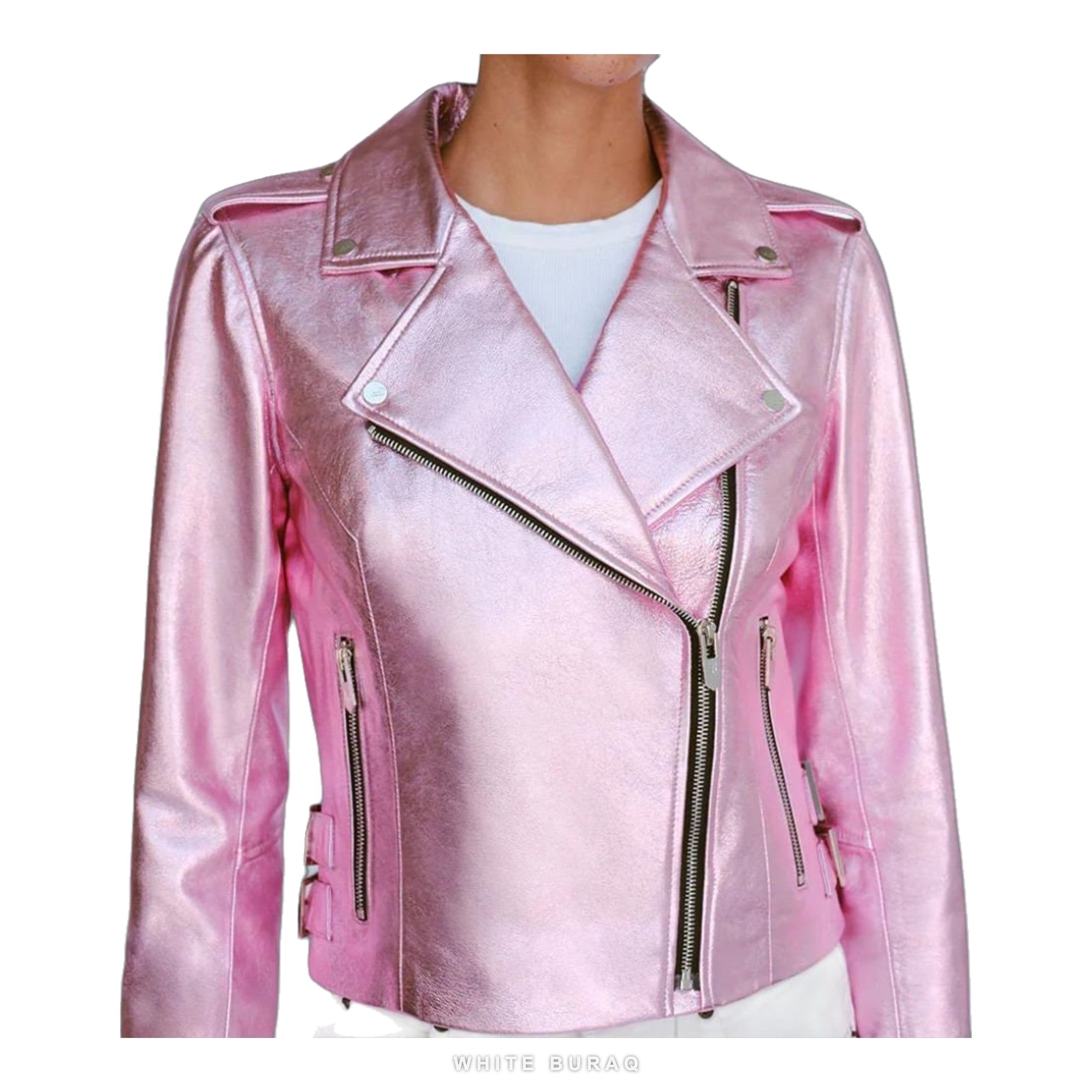 Women's Metallic Pink Lambskin Cropped Biker Jacket – view 4