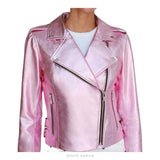 Women's Metallic Pink Lambskin Cropped Biker Jacket – view 4