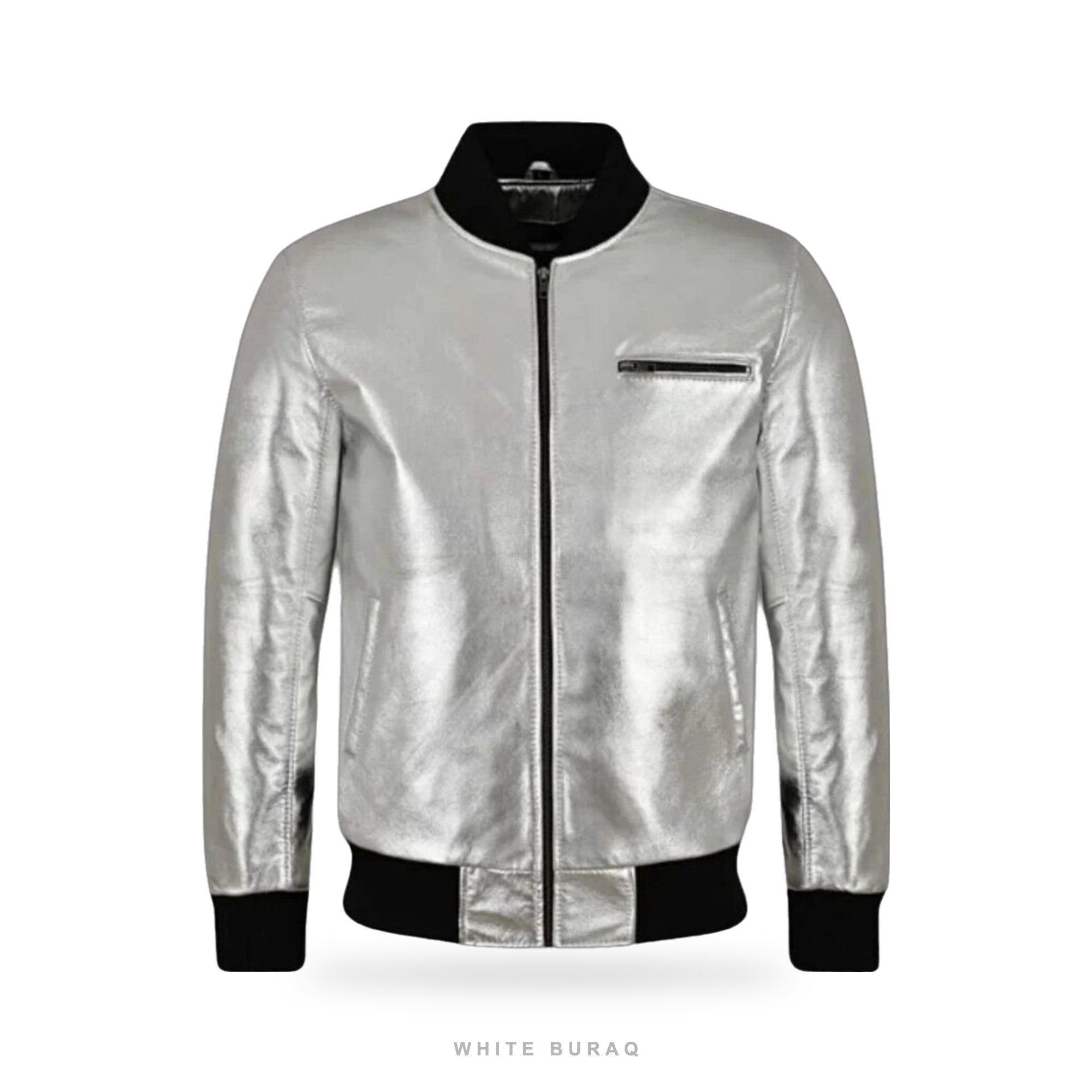 Men's Metallic Silver Lambskin Bomber Jacket