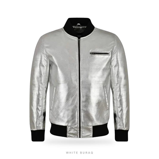 Men's Metallic Silver Lambskin Bomber Jacket