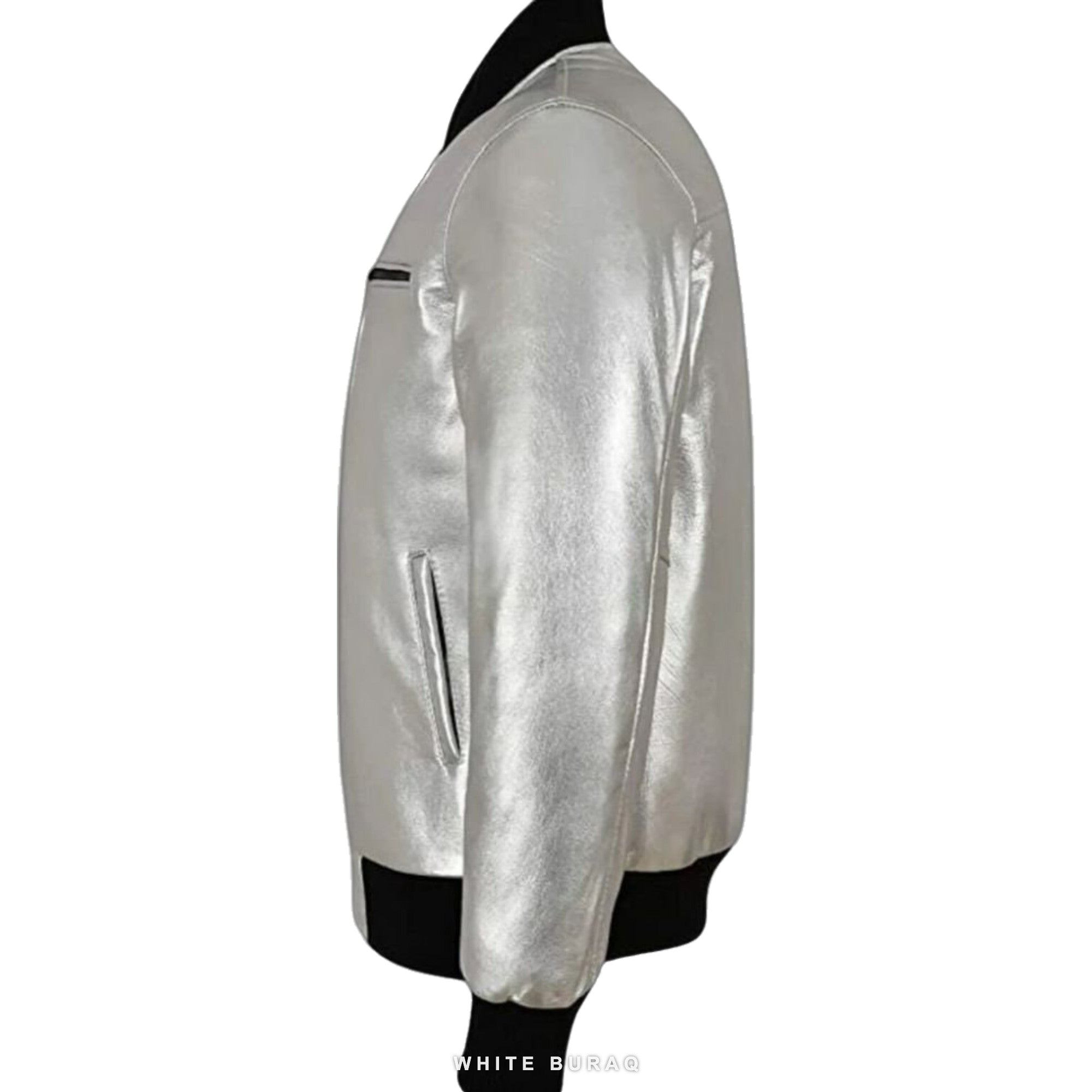 Men's Metallic Silver Lambskin Bomber Jacket – view 3
