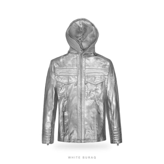 Men's Metallic Silver Hooded Leather Bomber Jacket