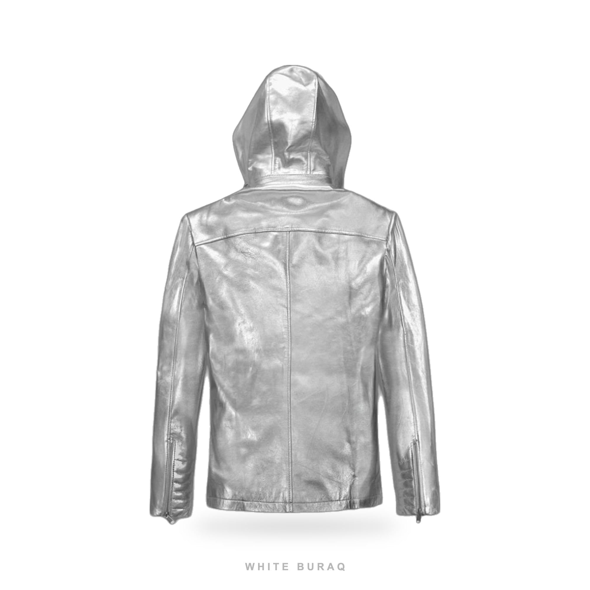 Men's Metallic Silver Hooded Leather Bomber Jacket – view 2