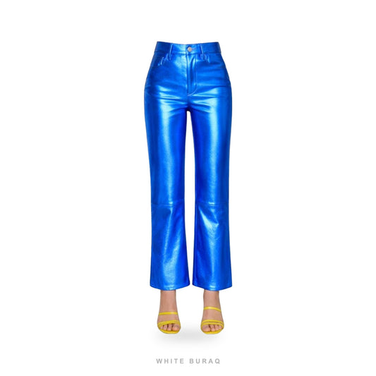 Women's Metallic Blue Sheepskin Flared Leather Pants