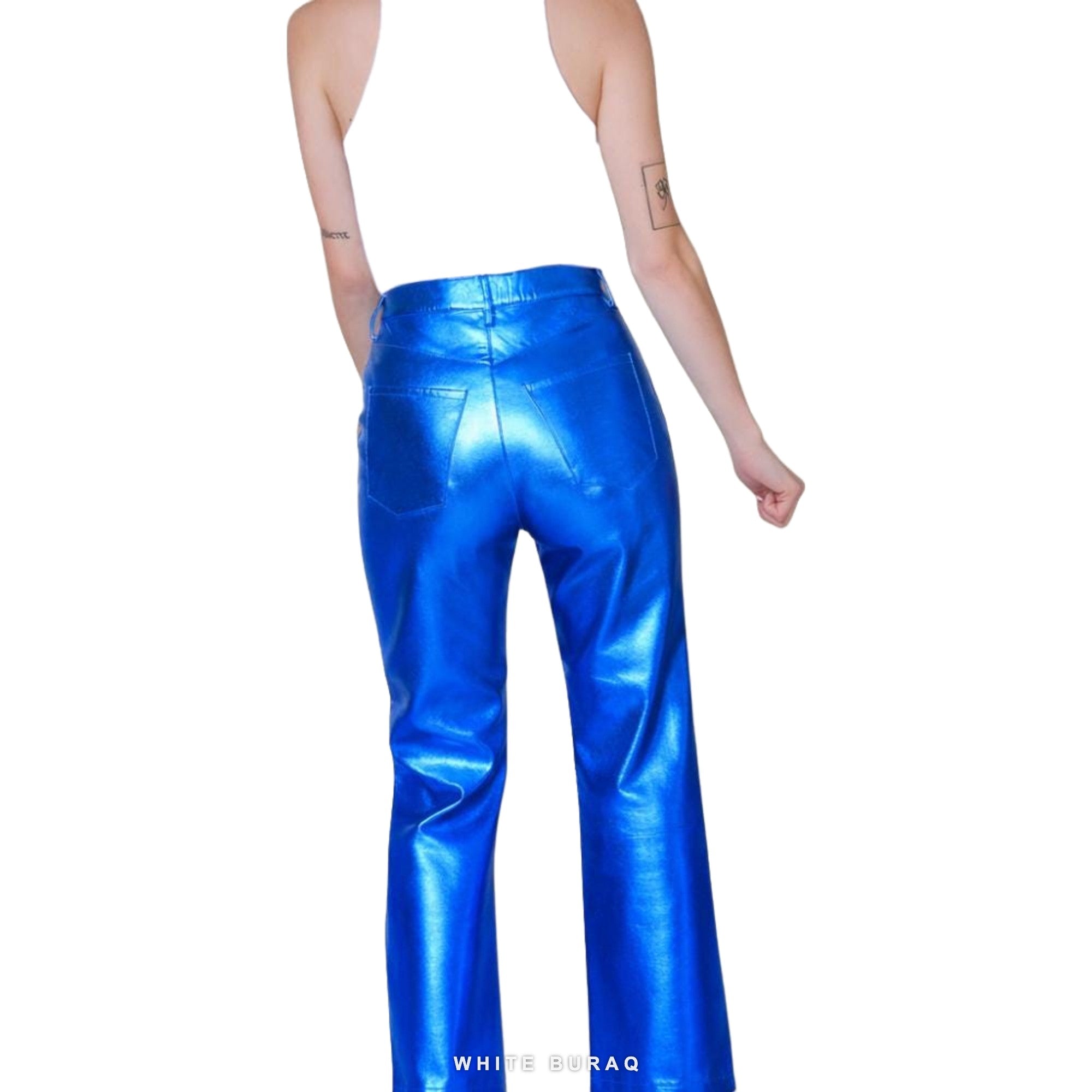 Women's Metallic Blue Sheepskin Flared Leather Pants – view 3