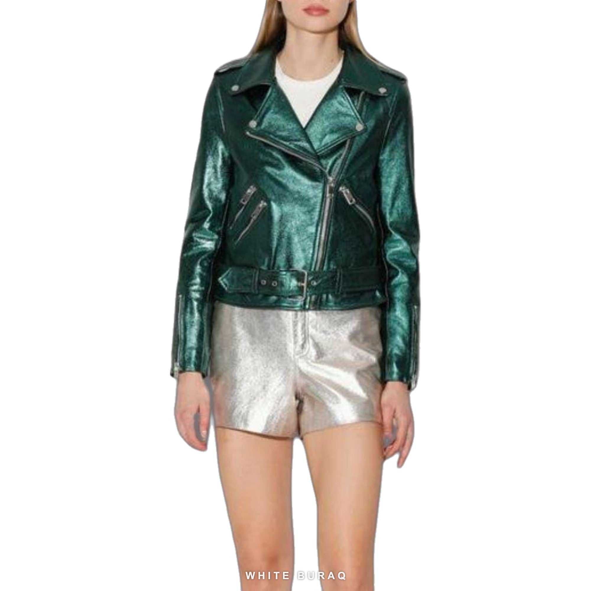 Women's Metallic Green Leather Biker Jacket
