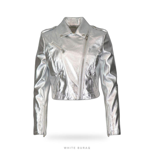 Women's Silver Metallic Cropped Leather Moto Jacket
