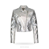 Women's Silver Metallic Cropped Leather Moto Jacket