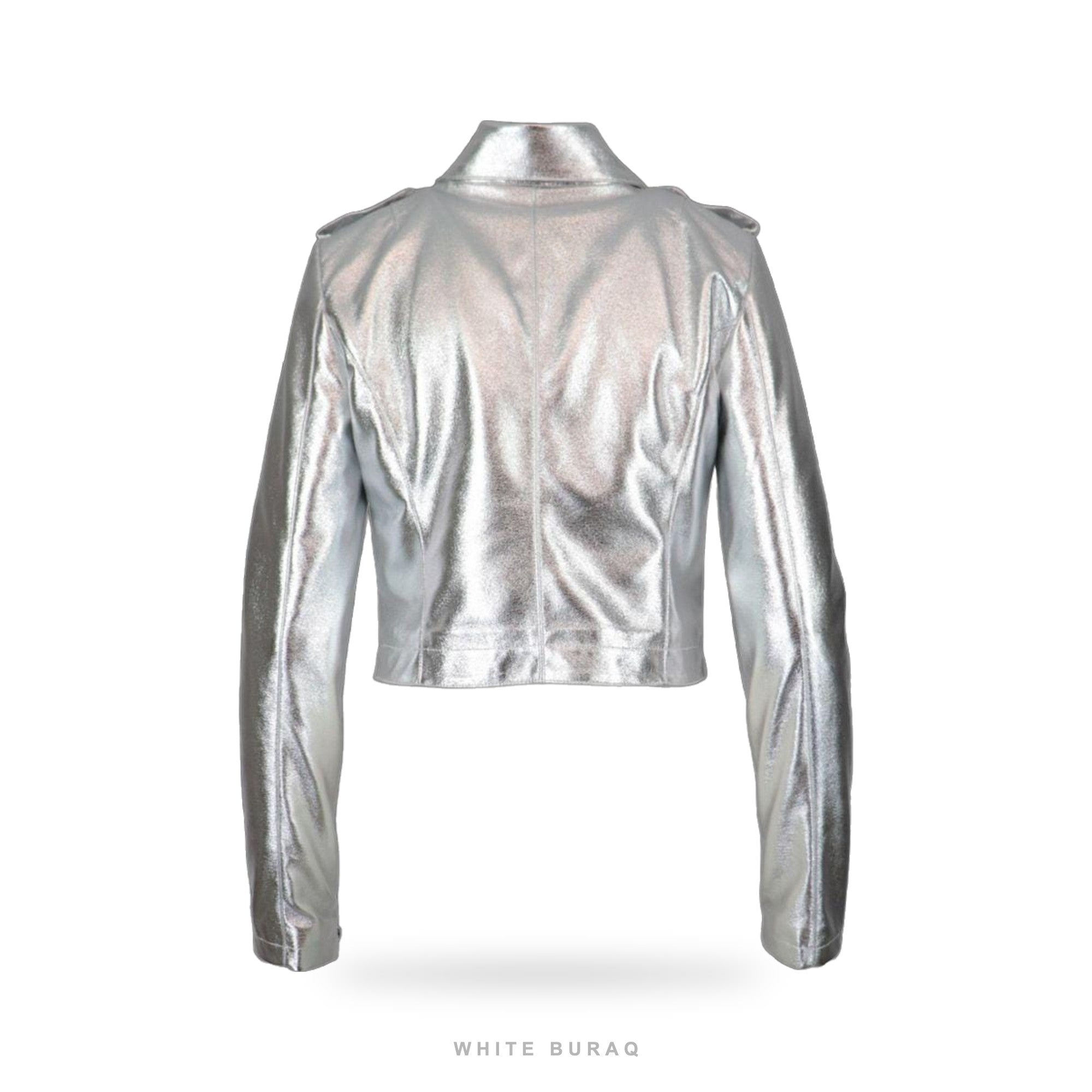 Women's Silver Metallic Cropped Leather Moto Jacket – view 2