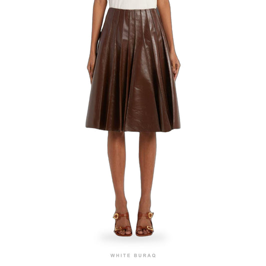 Women's Brown Leather Pleated Midi Skirt