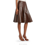 Women's Brown Leather Pleated Midi Skirt – view 3