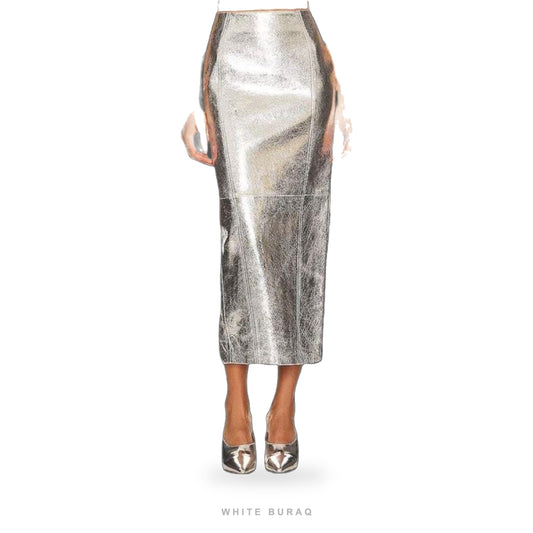 Women's Metallic Silver Leather Long Skirt