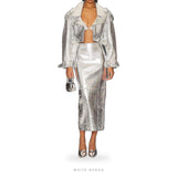 Women's Metallic Silver Leather Long Skirt – view 3