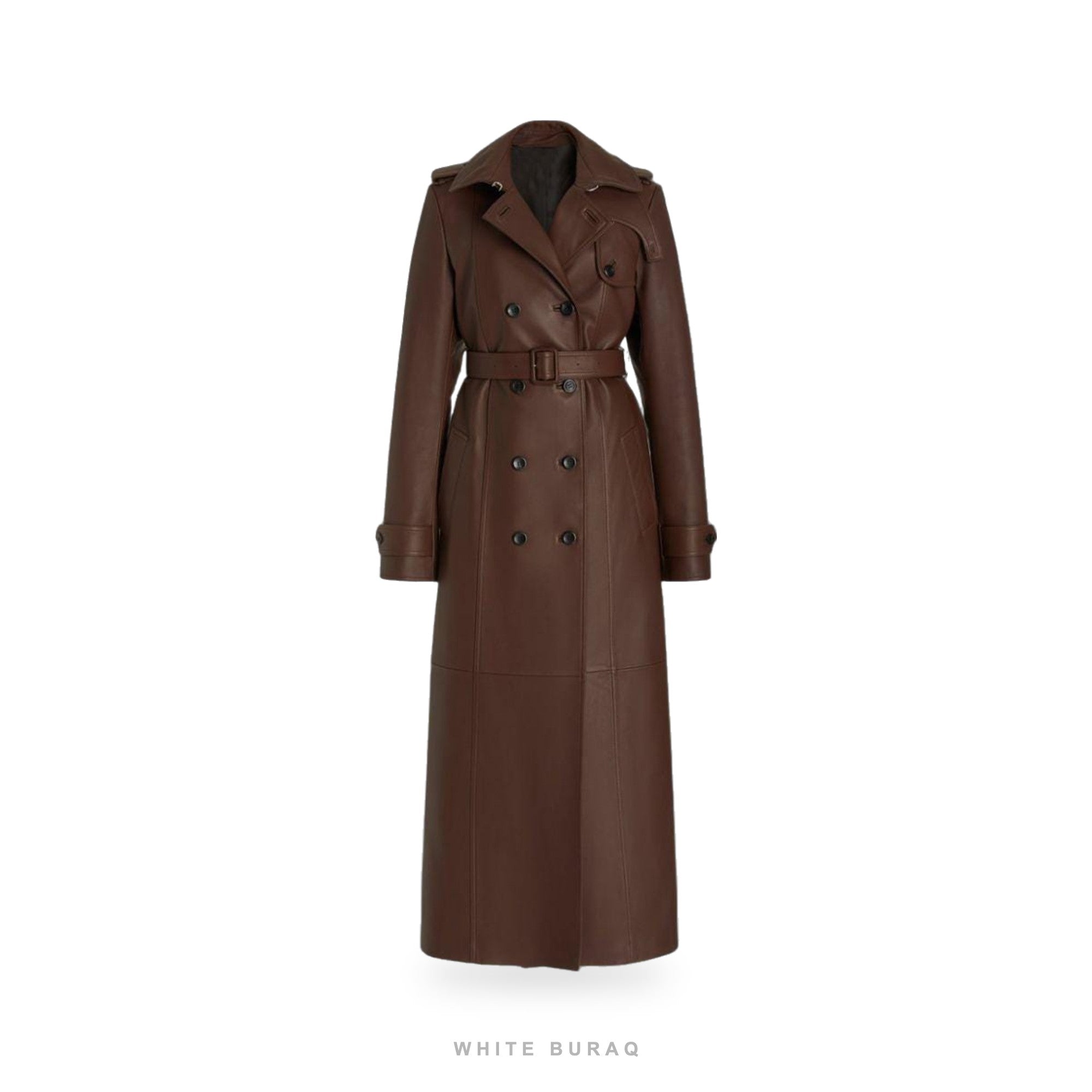 Women's Brown Leather Double-Breasted Trench Coat