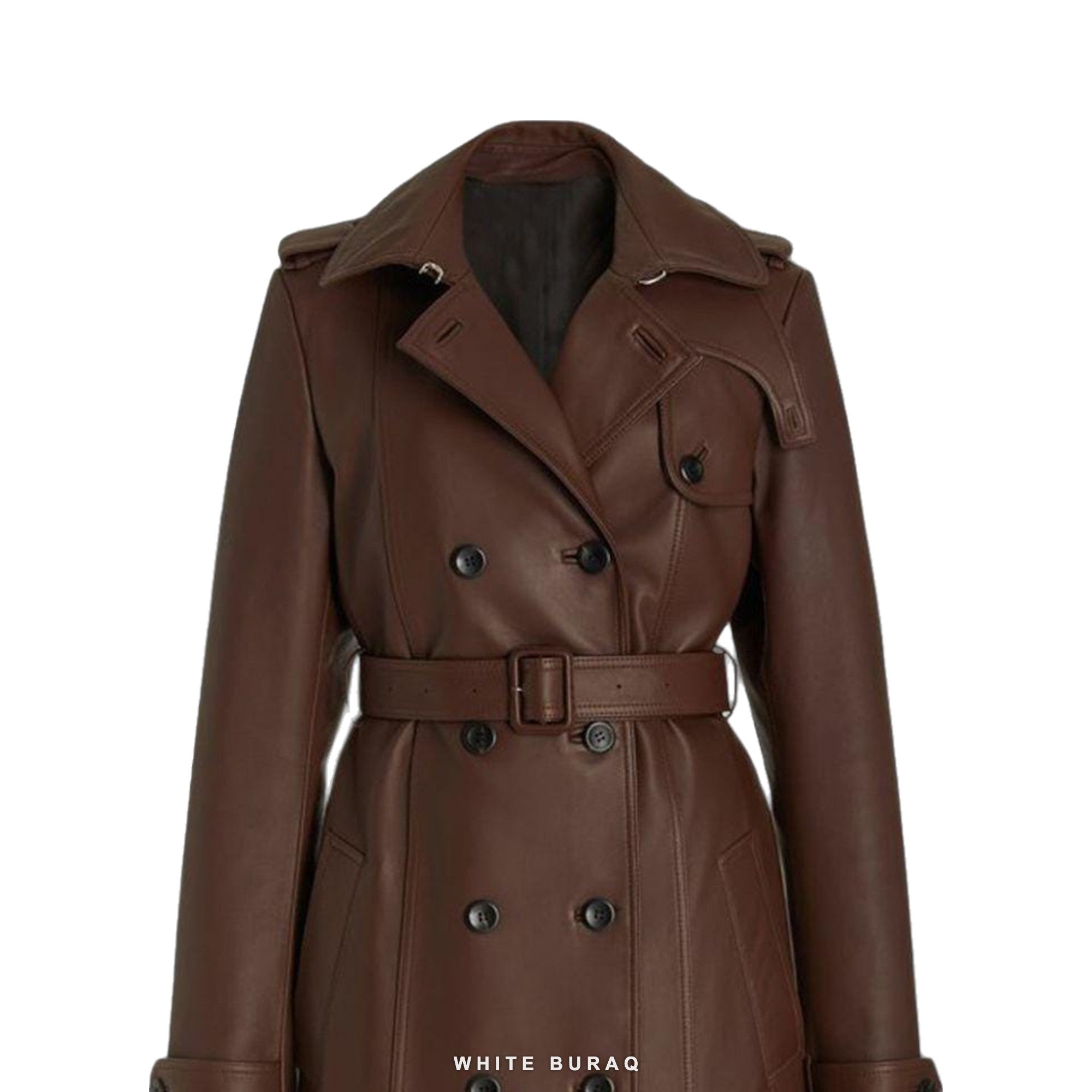 Women's Brown Leather Double-Breasted Trench Coat – view 4
