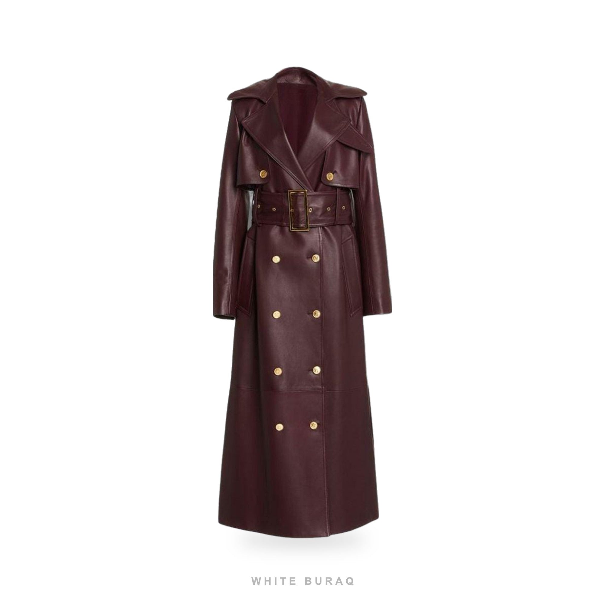Women's Burgundy Leather Double-Breasted Trench Coat